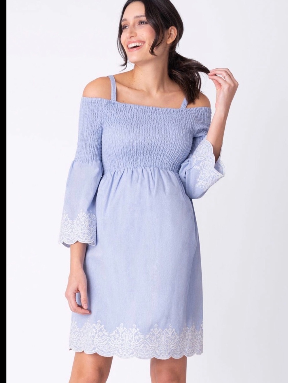 Motherhood Maternity Light Blue Off-Shoulder Smocked Embroidered Dress size 10